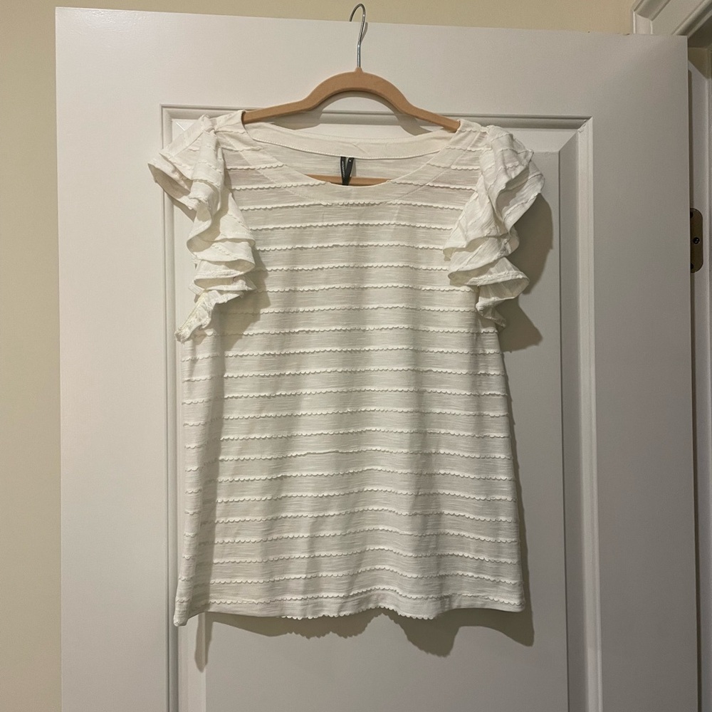 Anthropologie White Textured Ruffle Sleeve Top